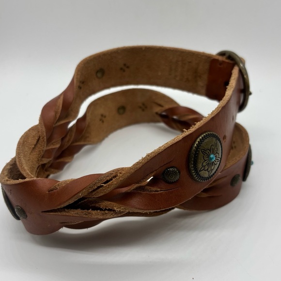 Vintage Leather Belt Braided Brass Concho  Blue Center Large 34”-38” Unisex - Picture 2 of 7